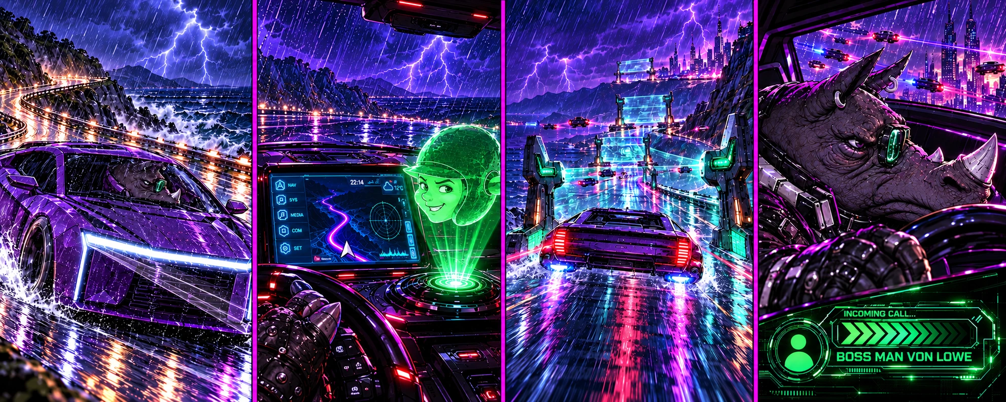 Four-panel cyberpunk story featuring a purple car, green holographic navigator, highway gates and a cyborg rhino.